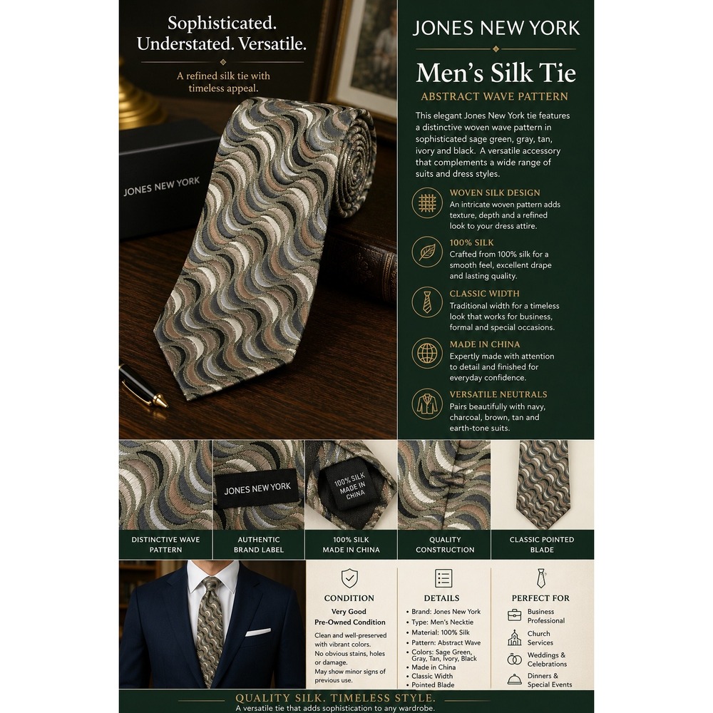 Jones New York Mens Silk Tie Sage Green Taupe Geometric Wave Pattern Formal